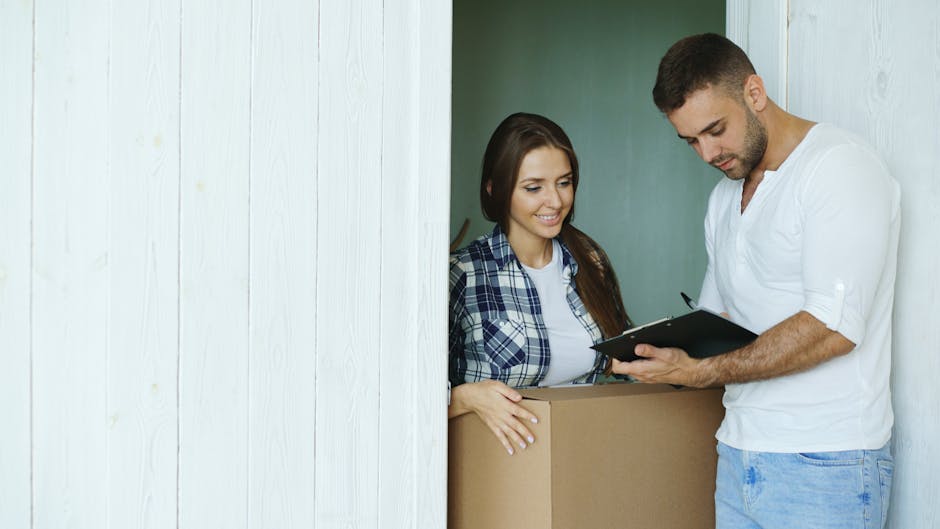A male cleaner and a female tenant are inside a well-lit, white-painted room with vertical wooden paneling on the wall. The cleaner, clad in a white V-neck shirt and blue jeans, is holding a clipboard